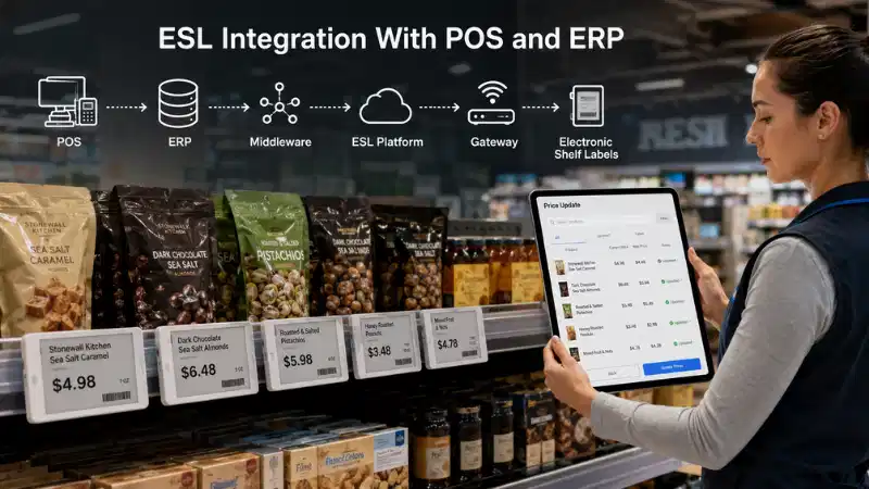 Integração de etiqueta de prateleira eletrônica com POS e ERP: APIs, mapeamen...