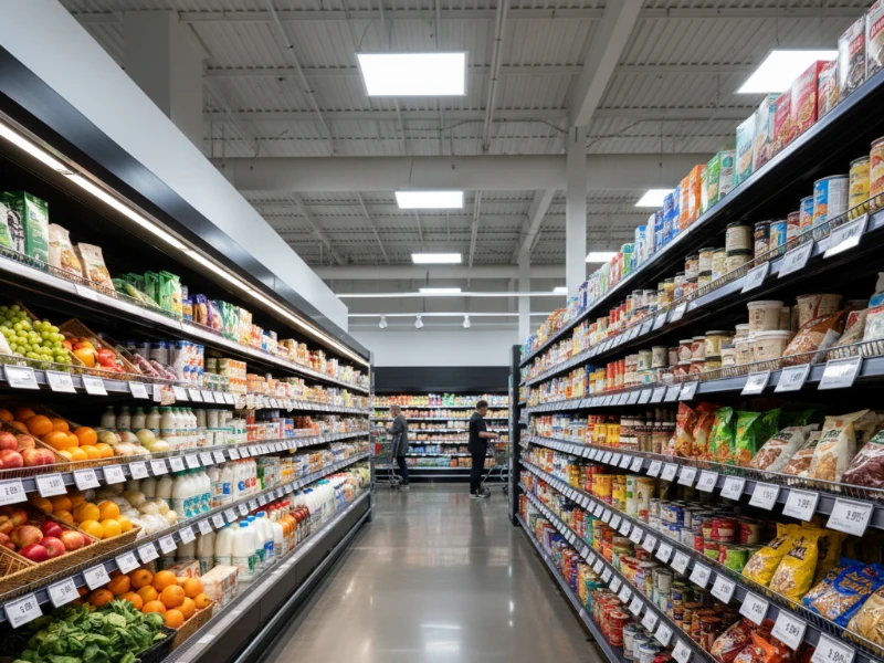 A modern grocery supermarket aisle with electronic shelf labels attached to shelves A modern grocery supermarket aisle with electronic shelf labels attached to shelves